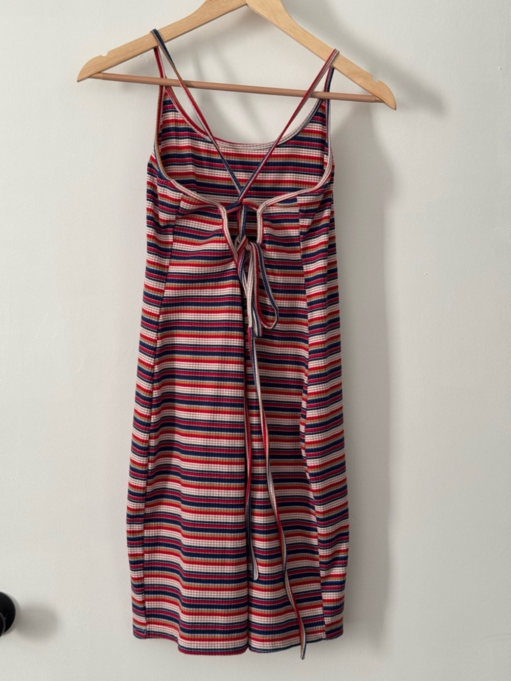 SHEIN Striped Ribbed Midi Dress Small Red Blue White Tie Back Spaghetti Strap - Picture 3 of 6